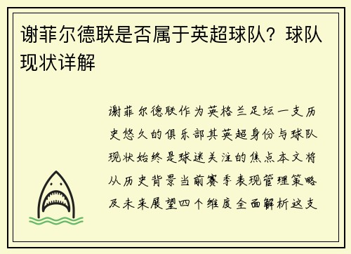 谢菲尔德联是否属于英超球队？球队现状详解