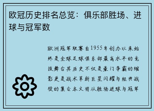 欧冠历史排名总览：俱乐部胜场、进球与冠军数